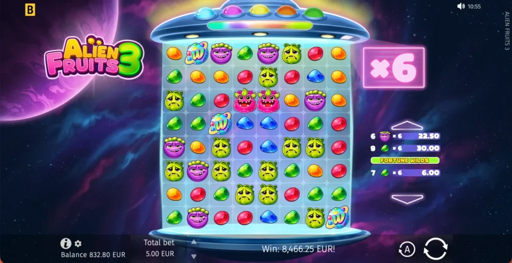 Alien Fruits 3 i Cosmo Frenzy med wildsymboler på åtte ganger åtte-feltet, multiplikator ×6 og Fortune Wilds i resultatlisten til høyre.