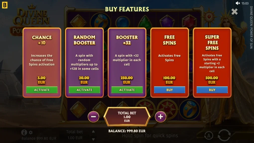 Divine Queen-kjøpsmenyen viser Chance ×10, Random Booster, ×32 Booster, gratisspinn og Super Free Spins ved en grunninnsats på én euro.