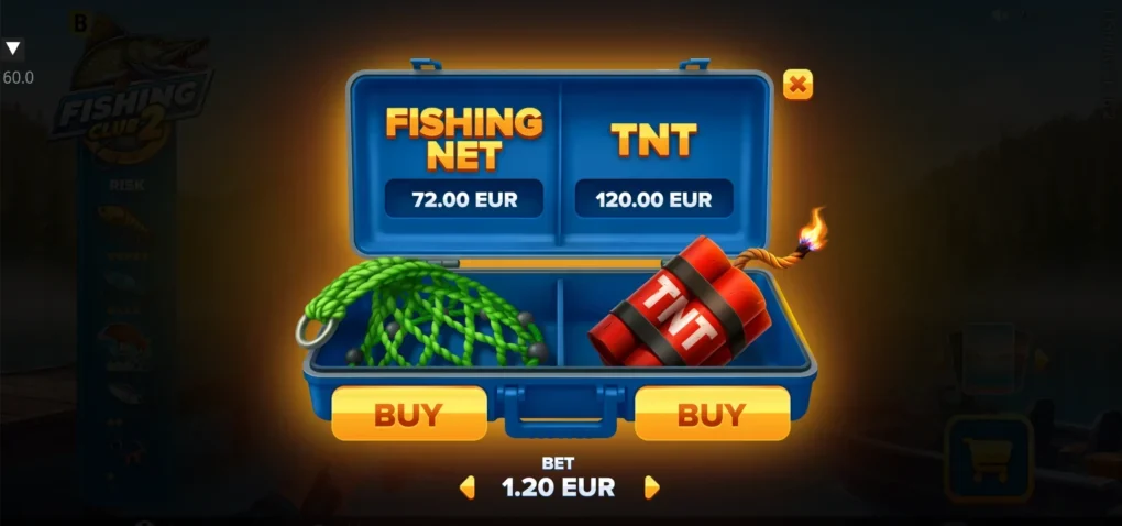 Fishing Club 2-bonusmeny med Fishing Net til 72 euro og TNT til 120 euro, beregnet fra en grunninnsats på 1,20 euro.