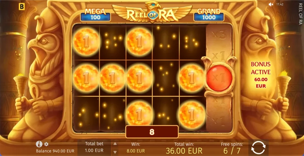 Reel of Ra i sjette av sju gratisspinn med åtte mynter på 1×, myntsum åtte og multiplikatorhjulet stoppet på ×1.
