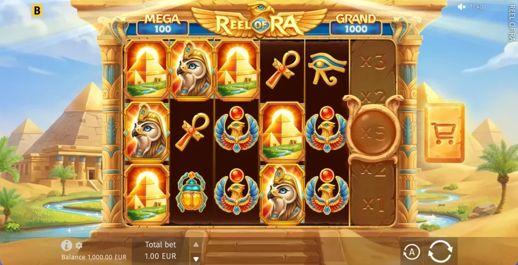 Reel of Ra med fem hjul og tre rader av egyptiske symboler, multiplikatorhjul til høyre og Mega- og Grand-verdier over feltet.