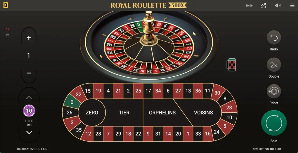 Royal Roulette 500X i Track-visning med tallene i hjulrekkefølge og innsatsfeltene Zero, Tier, Orphelins og Voisins.