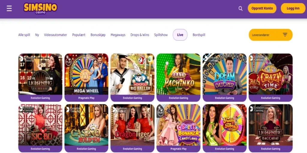 live casino lobby simsino