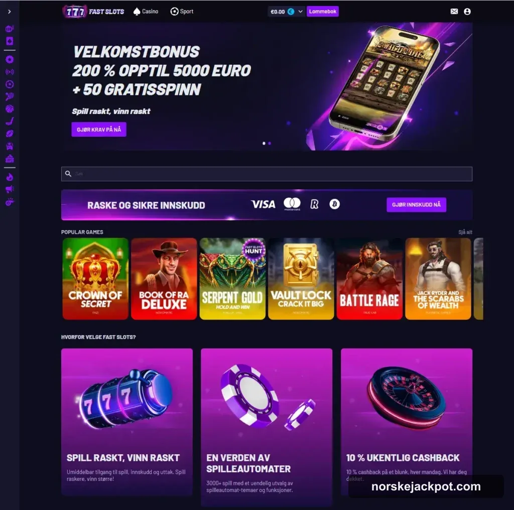Fastslots Casino forside hos NorskeJackpot