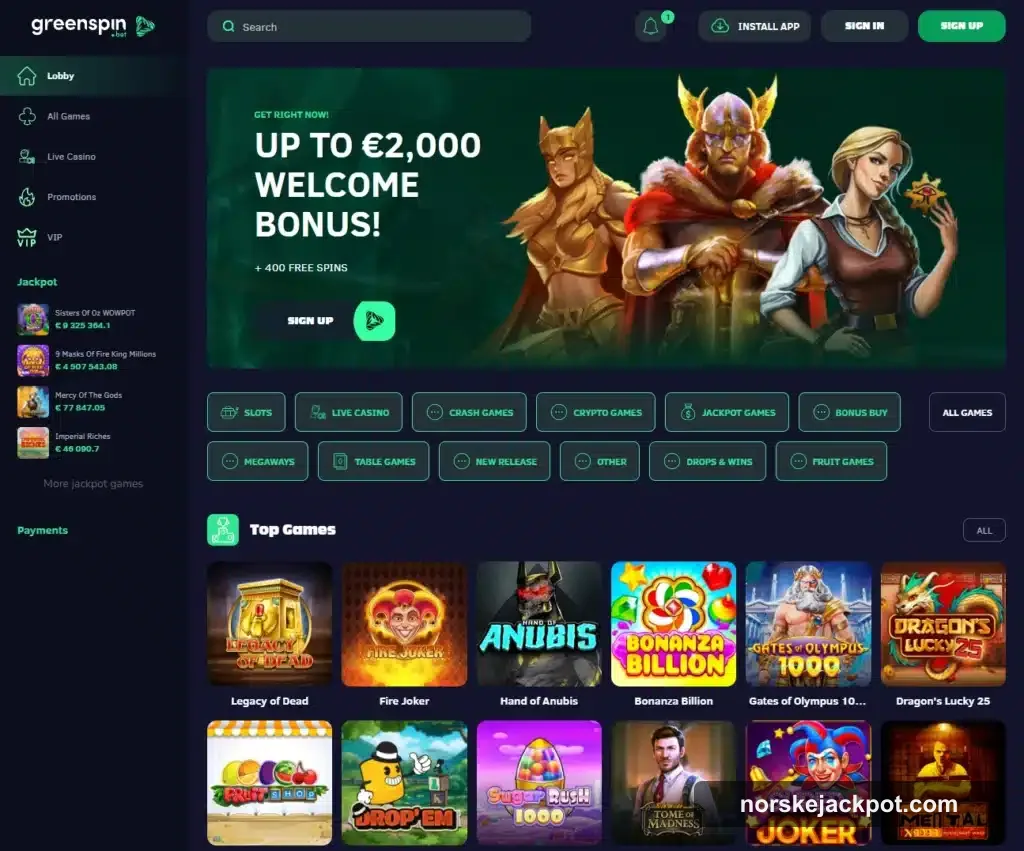 GreenSpin Casino forside hos NorskeJackpot
