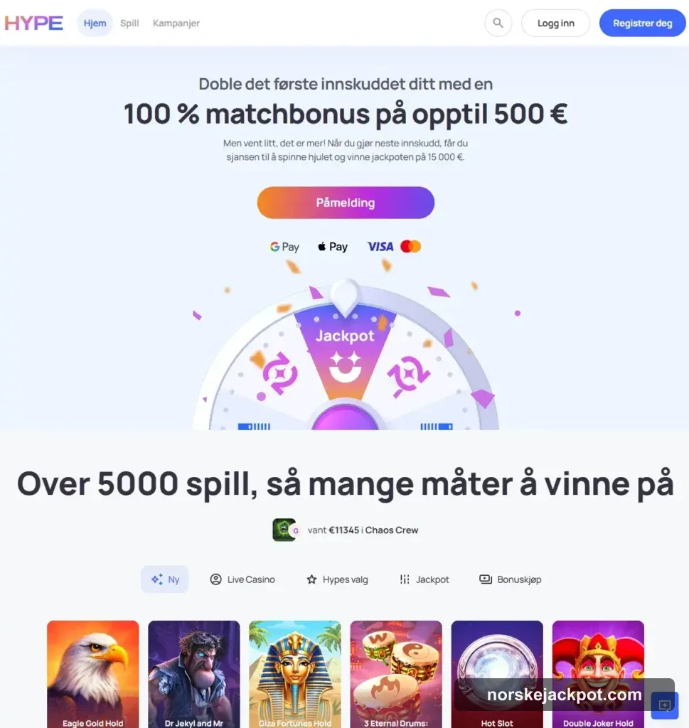 Hype Kasino forside hos NorskeJackpot