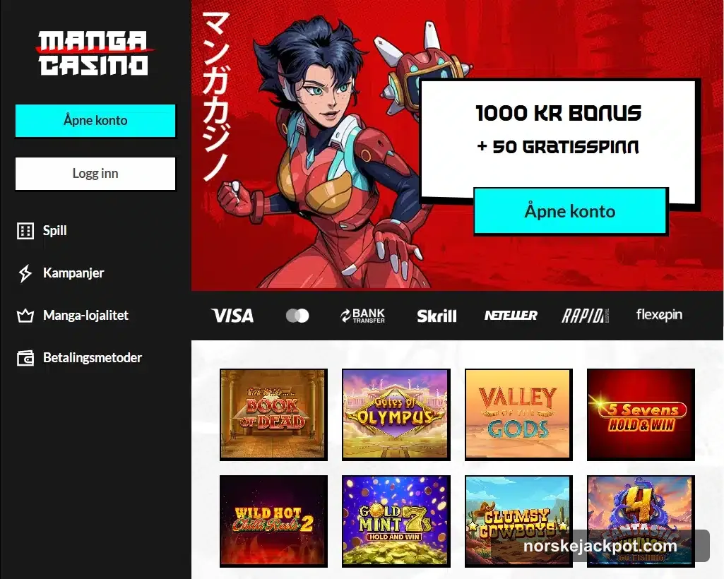 Manga Casino forside hos NorskeJackpot