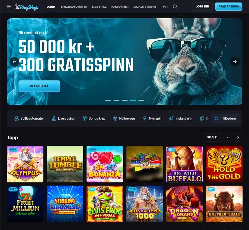 Playmojo forside med 50 000 kroner og 300 gratisspinn