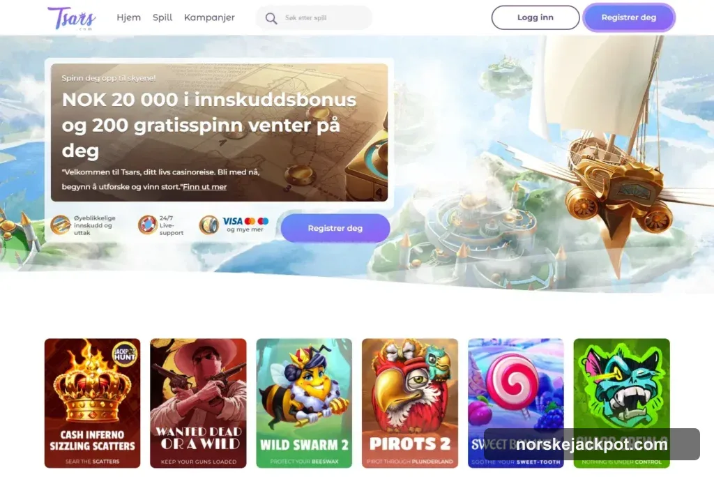 Tsars Casino forside hos NorskeJackpot