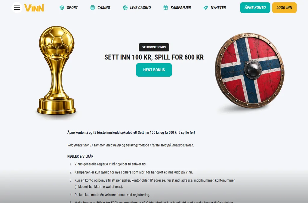 Vinn Casino velkomstbonus med 100 kroner innskudd og 600 kroner å spille for