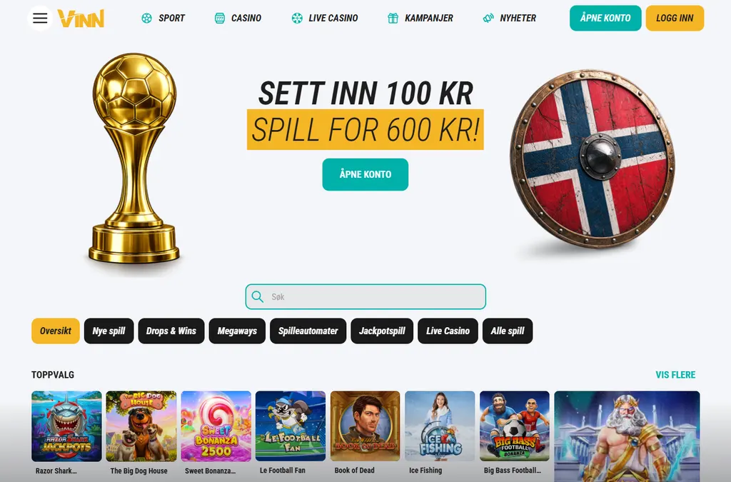 Vinn Casino forside med norsk velkomstbonus og casino-lobby