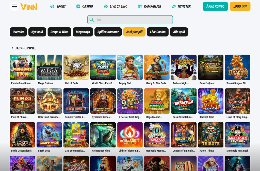 Vinn Casino jackpotspill med Mega Fortune Hall of Gods Dream Drop og Mega Moolah