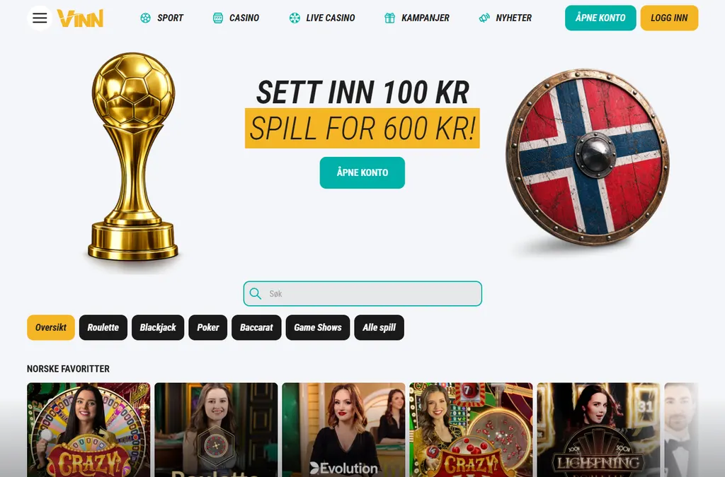 Vinn live casino med roulette blackjack baccarat og gameshows