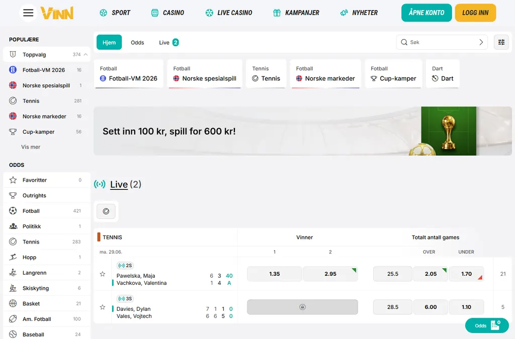 Vinn sportsbook med live odds og norske markeder