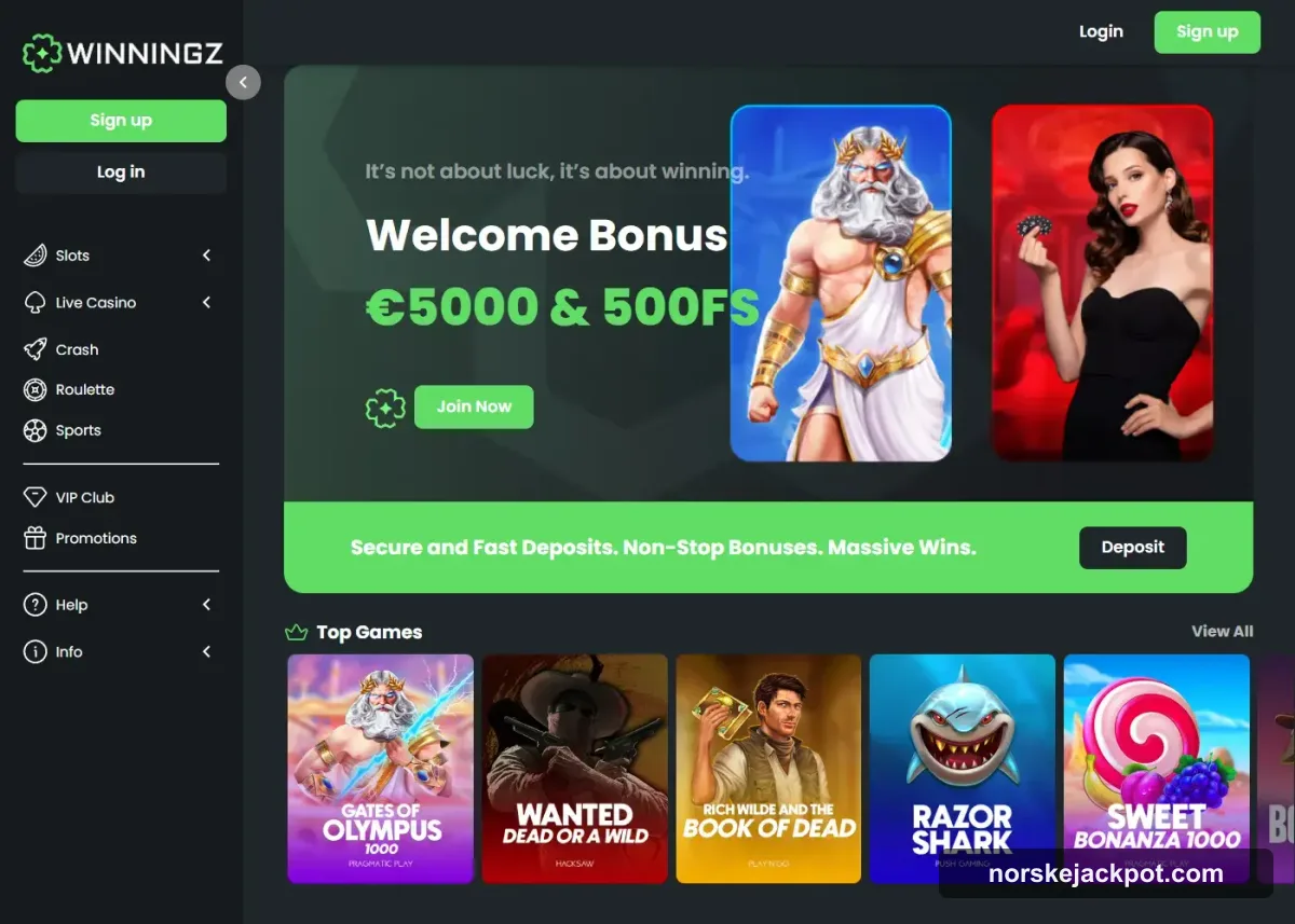 Winningz Casino forside hos NorskeJackpot