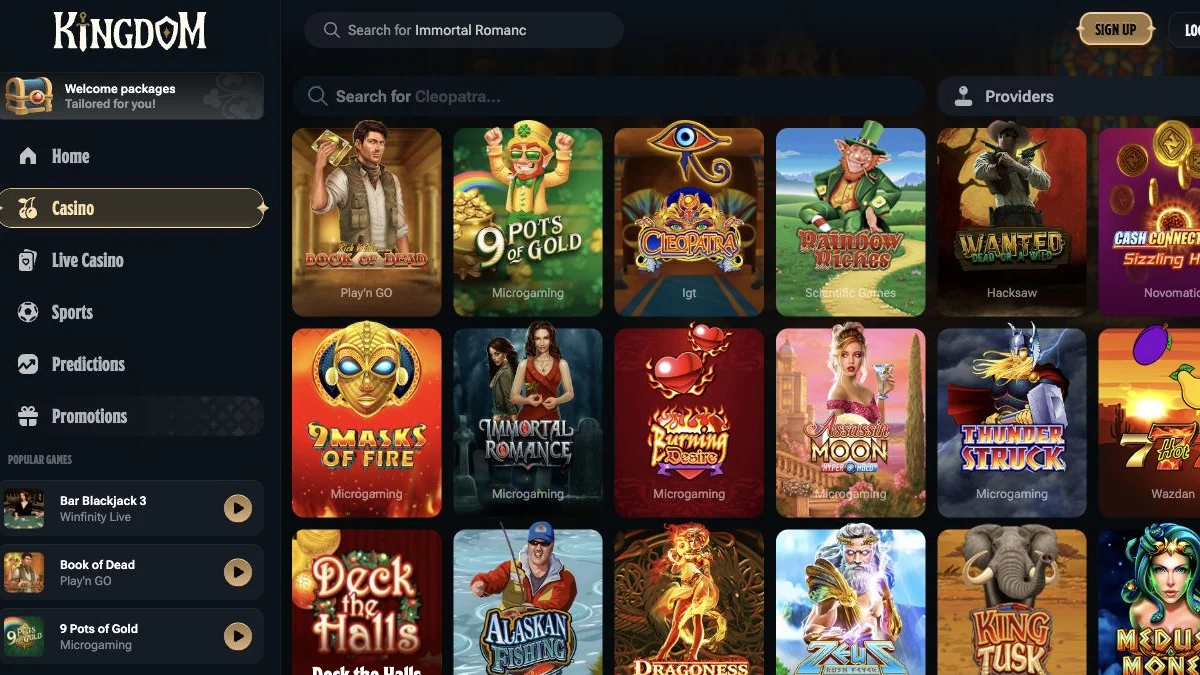 Kingdom Casino spillobby og slotkategorier