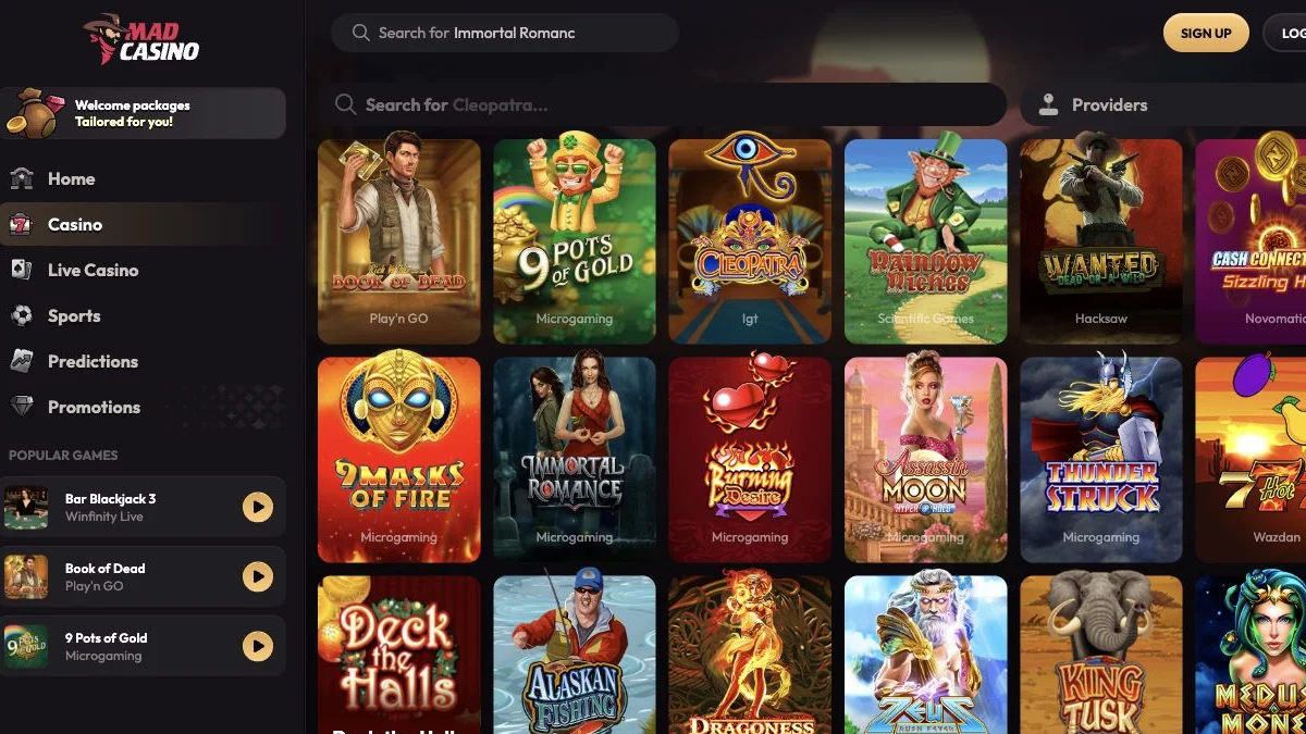 Mad Casino spillobby og slotkategorier